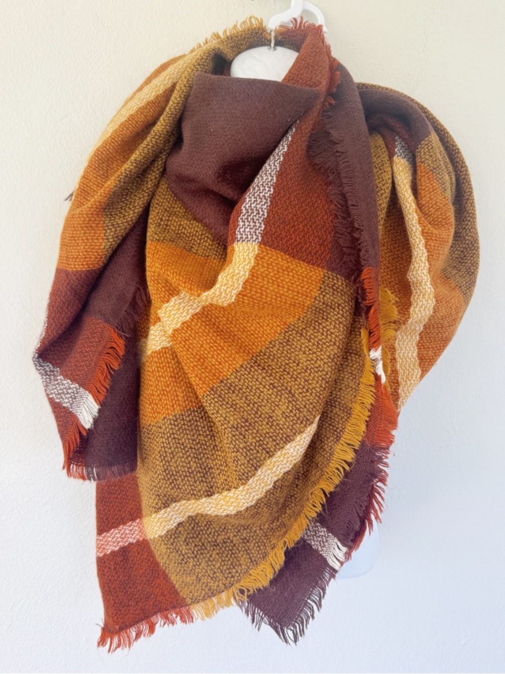 Brown orange plaid print oversized winter blanket scarf one size
